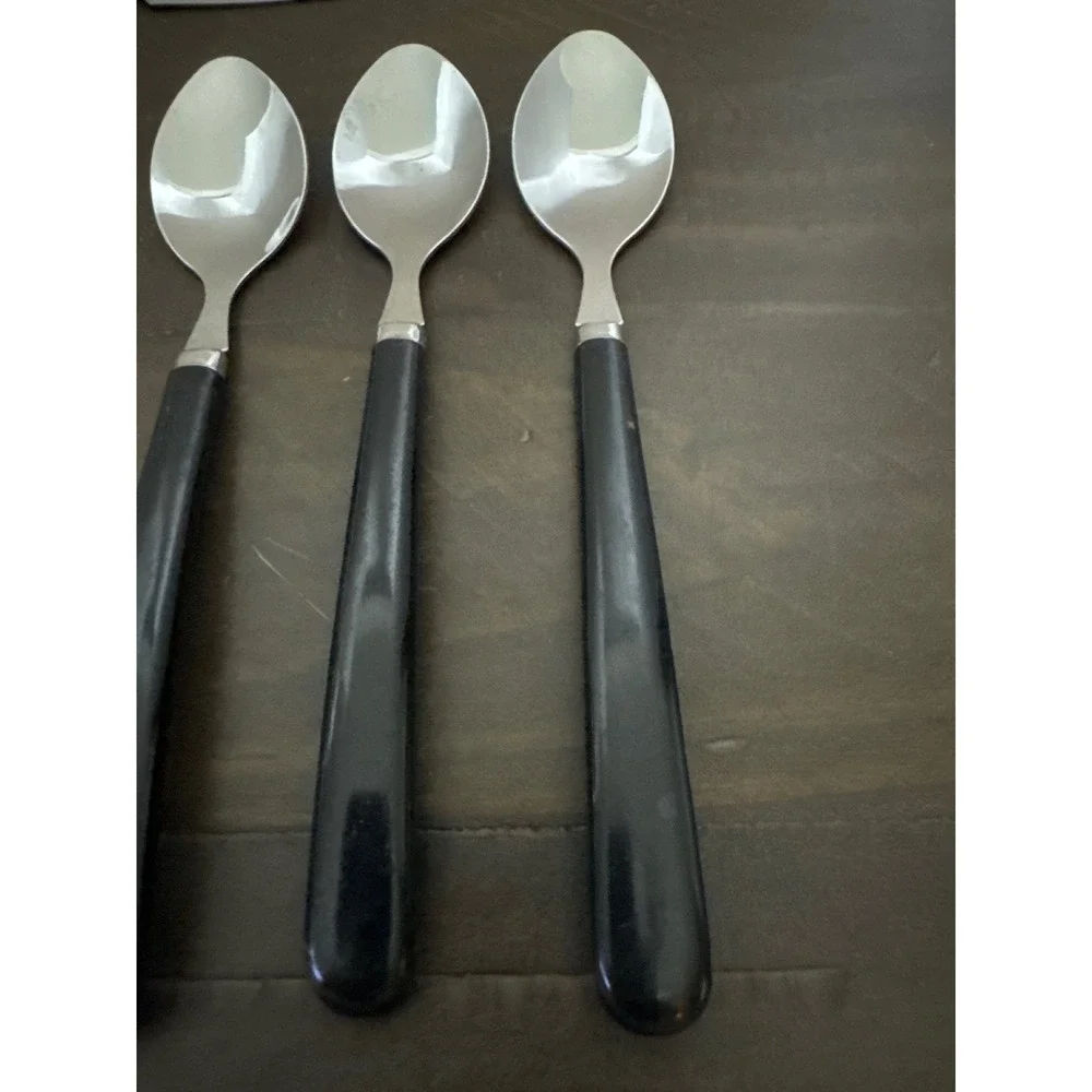 Vintage MCM Black Handle Flatware Set 10pc Stainless Taiwan Forks Knives Spoons